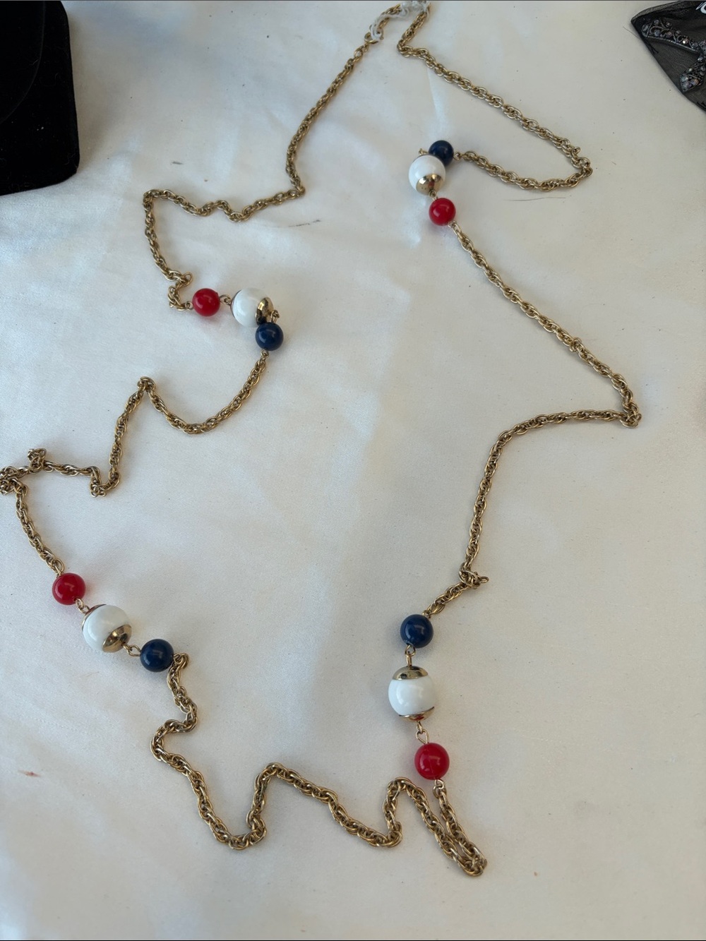 Gold Chain Long Necklace with Red, White and Blue Beads 27 inches in length